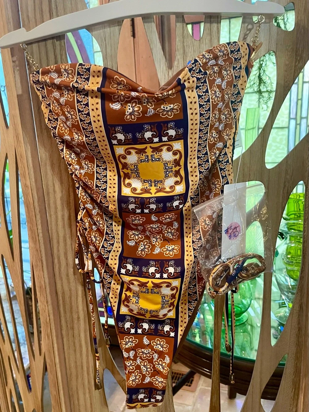 Women’s One-Piece Swimsuit in Brown & Yellow Tile Print